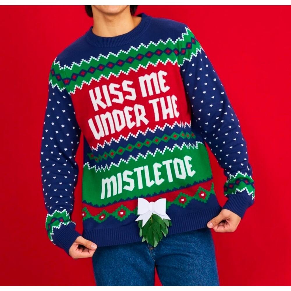Sz Med TIPSY ELVES Men's Kiss Under The Mistletoe Ugly Christmas Sweater